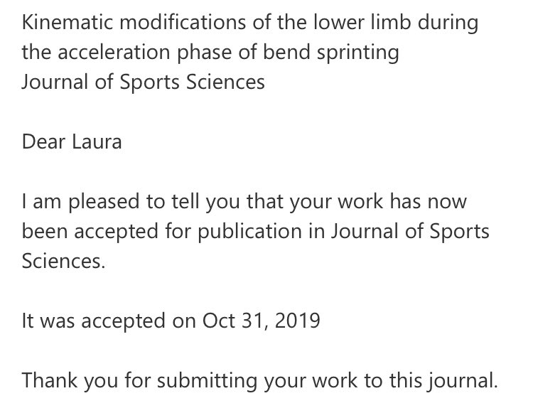 LauraJuds's tweet photo. Happy to receive confirmation that our latest paper has been accepted for publication in @JSportsSci today... #trickorTREAT 🎃 #HappyHalloween 👻 #phdchat 🤓
 #biomechanics 🎦 #sprinting 🏃🏻‍♂️💨
@CSER_SHU @SHUSportPhysAct https://t.co/7atx8e7eG8