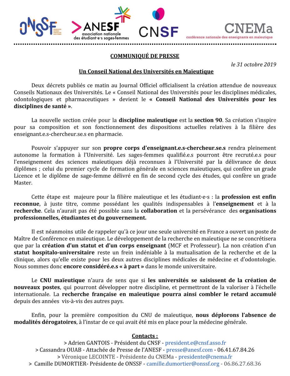 ANESF_FR's tweet image. #CNU | nouvelle section pour la maïeutique dans le CNU, renommé Conseil National des Universités pour les disciplines de la santé.
La profession est enfin reconnue comme possédant les qualités indispensables à l'#enseignement et à la #recherche 
@cnsf #onssf #cnema @sup_recherche