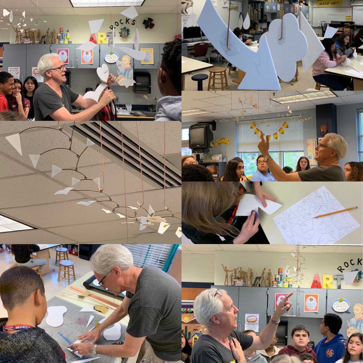 ArtLadyHBK's tweet photo. Today in #SKMS art @SKMSFalcons guest artist Kevin Reese started a collaborative mobile with students inspired by Calder. Special thanks to @anygivenchild for sponsoring the artist visit! @jrsnowmusic @HCPSNews https://t.co/onrq1SCwk9