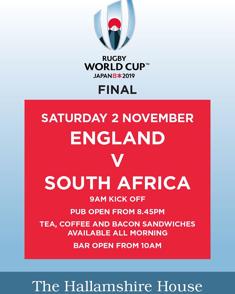 HallamshireHaus's tweet photo. Join us this Saturday to watch the #rugby final!! 9am kick off, bacon sandwiches + tea &amp; coffee all morning. 8.45am open. 

.
.
.

#rugby2019 #rugbyworldcup #hallyhouse #thornbridgebrewery @thornbridge #craftbeer #bacon #tea #coffee #earlyopening https://t.co/rN7Dxalojo