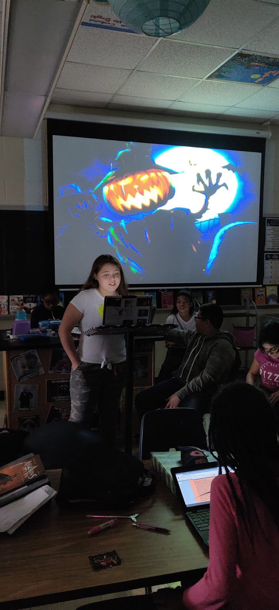 AZombron's tweet photo. What better day to share our Spooky Stories that we've been writing. Our 6th grade authors had a captive audience. @Emily_Stains413 @jevansCAR @Davidaltizer9 #mcmsweroar https://t.co/8bz0iBusTw