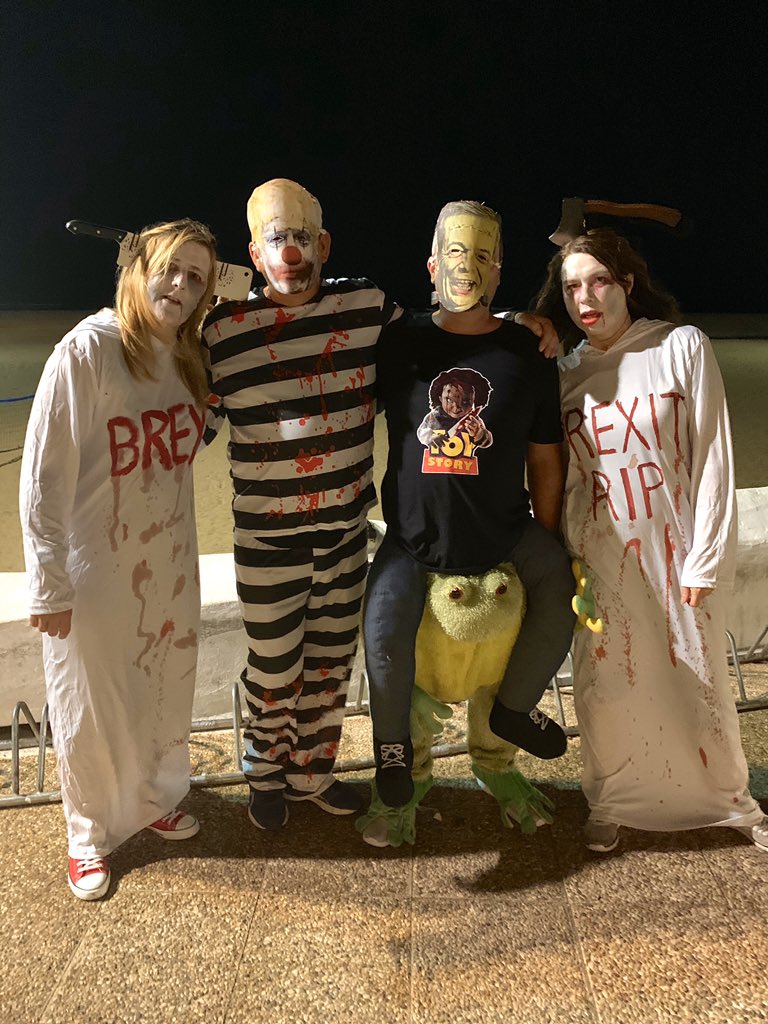 BremainInSpain's tweet photo. Bremain Team get together in Lanzarote...two Brexit Deadlines, Fragaestein the frog and Bojo the criminal clown. Happy Halloween and Happy no Brexit day #halloween2019 #BrexitRIP https://t.co/MSeRjEMWZ7