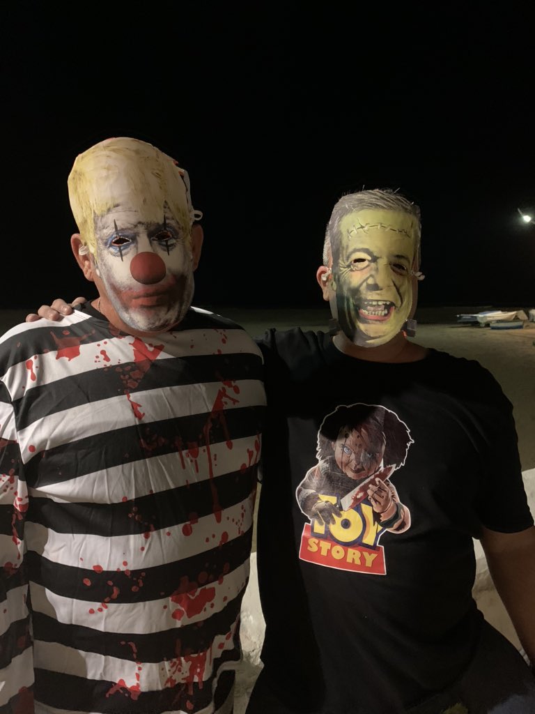 BremainInSpain's tweet photo. Bremain Team get together in Lanzarote...two Brexit Deadlines, Fragaestein the frog and Bojo the criminal clown. Happy Halloween and Happy no Brexit day #halloween2019 #BrexitRIP https://t.co/MSeRjEMWZ7