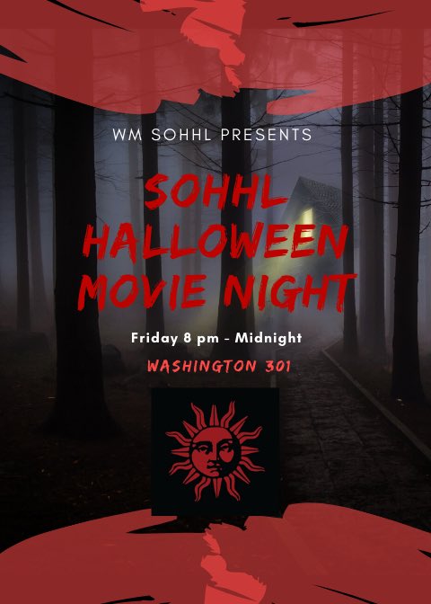 SoHHL_WM's tweet photo. Come out tomorrow for a movie night with SoHHL! We will be watching Glass, and possibly Midsommar and Us! There will be snacks provided and it’ll be a great closer to Halloween season! See you there 🌞☠️ https://t.co/OX2BiOKyNd