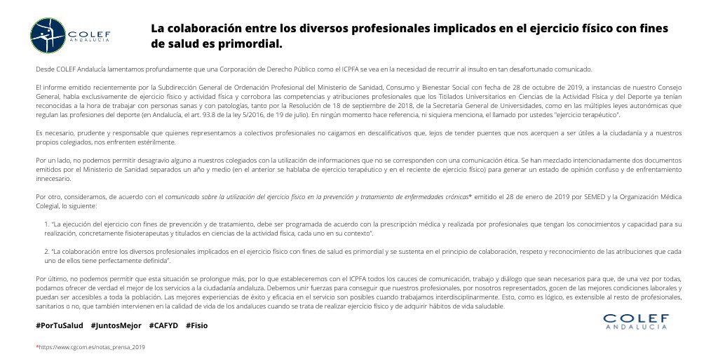 ColefAndalucia's tweet photo. En respuesta a @Colfisio: La colaboración entre las diversos profesionales implicados en el ejercicio físico con fines de salud es primordial. #Portusalud #Juntosmejor #CAFYD #Fisio https://t.co/qhj5mxmFCi