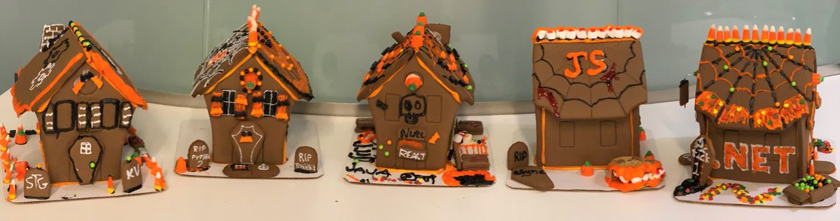 Halloween candy houses in left to right order DevOps/Engineering Systems, Python, Java, JavaScript, and .NET