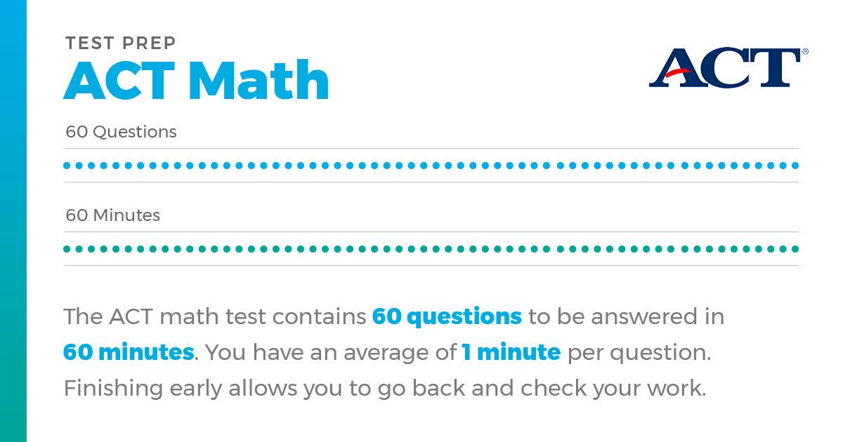 The #ACT mathematics test is a 60-question, 60-minute test designed to assess the mathematical skills students have typically acquired in courses taken up to the beginning of grade 12. 

Here are 60 free sample questions to help you prepare: bit.ly/2Gnv8pW