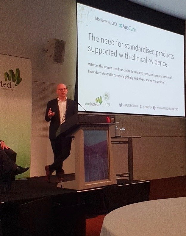 AusCann CEO Ido Kanyon presenting on a panel this morning at @AusBiotech in Melbourne on the new developments in the Australian medicinal cannabis sector #ausbio19