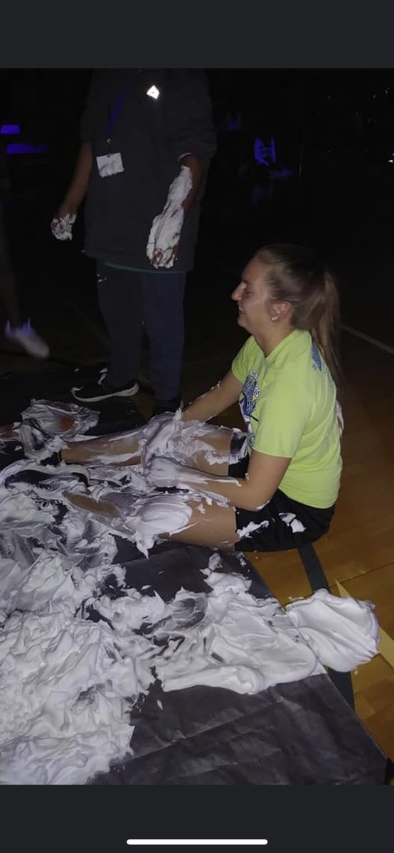 Working at a middle school means digging in to a giant pile of shaving cream to try to win a pep rally game... after being spun around in a chair 20 times! 😅 #couldntsee #wetsocks #thejarrellway