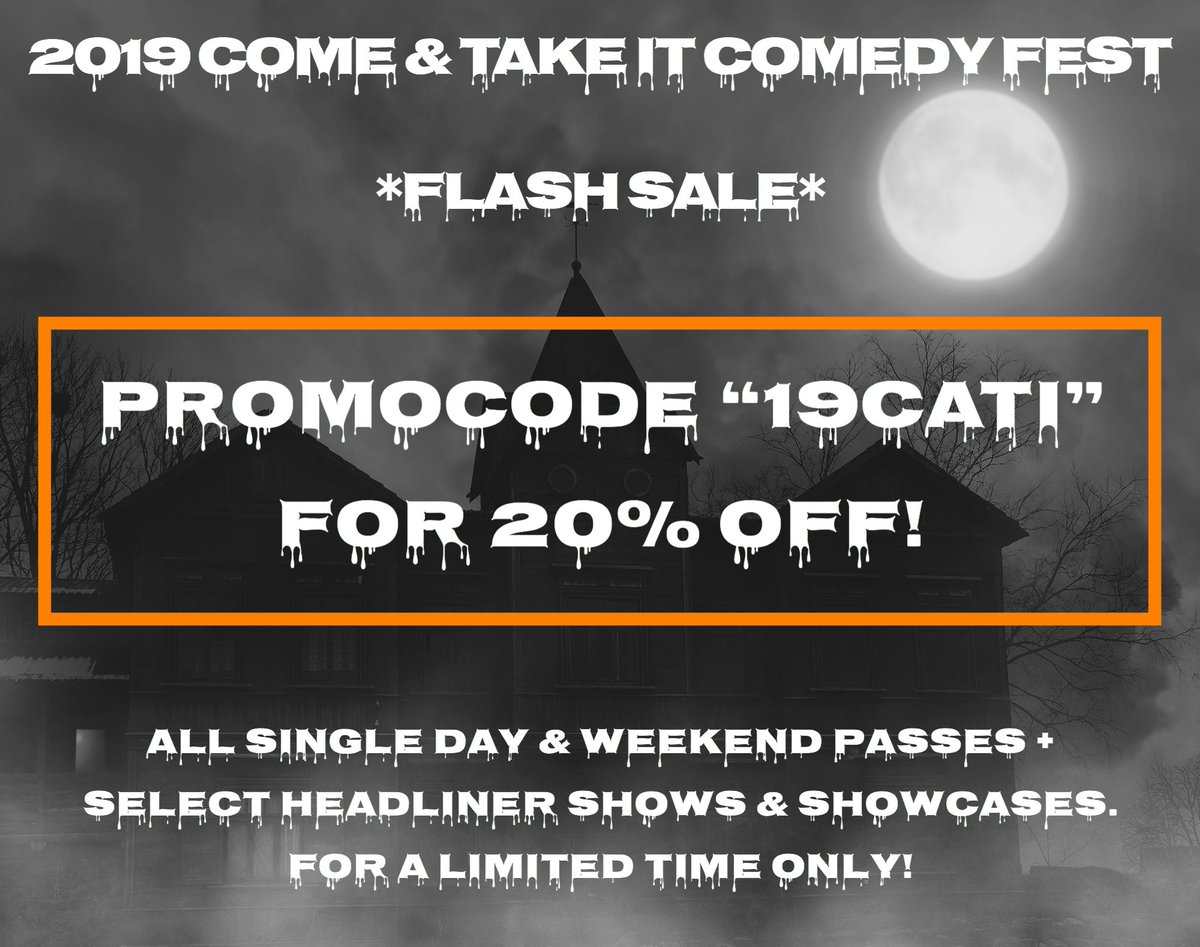 SecretGroupHTX's tweet photo. 🚨FLASH SALE: 2019 Come &amp; Take It Comedy Fest! Limited time only! 🎟 on sale now at https://t.co/afVM0I6fYK! Presented by @8thWonderBrew &amp; @BravadoSpice

#CATI2019 #houston #happyhalloween⁠ ⁠🎃 https://t.co/BeuEMGGWRs