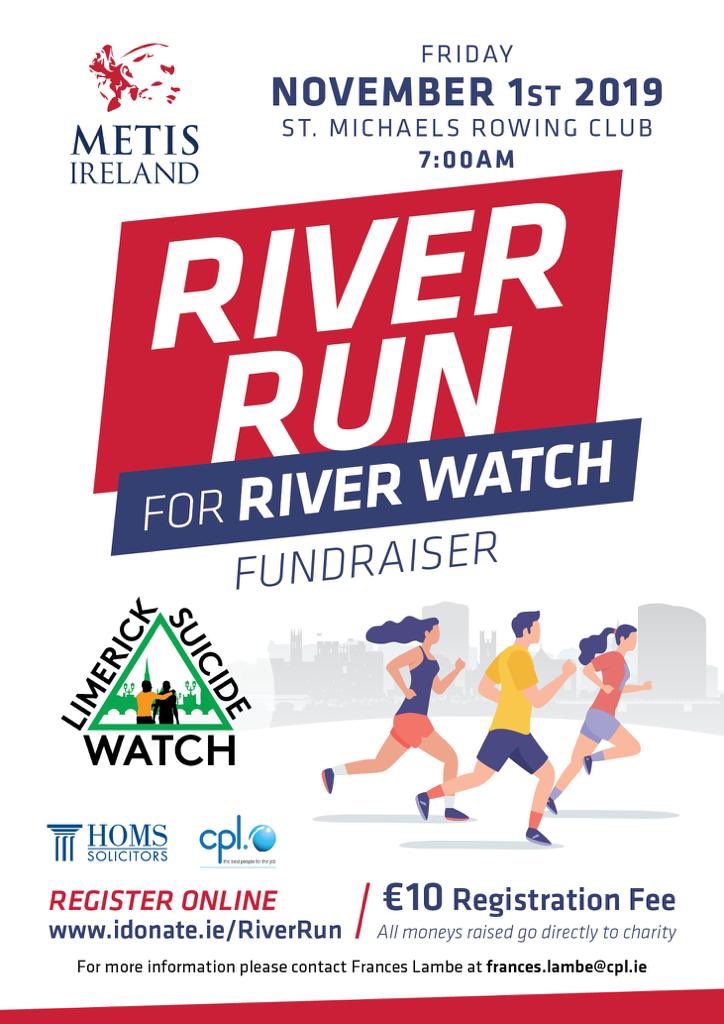 GrahamBurns2013's tweet photo. If you canβt join us, you can support us!! Tomorrow at 7am is a run where you can help make a real difference!!
@CplJobs & @HOMSsolicitors have joined the monthly @MetisIreland River Run to raise funds for a great local charity @Limericksuicid2 #Limerickhour https://t.co/TaRGS3wdlk