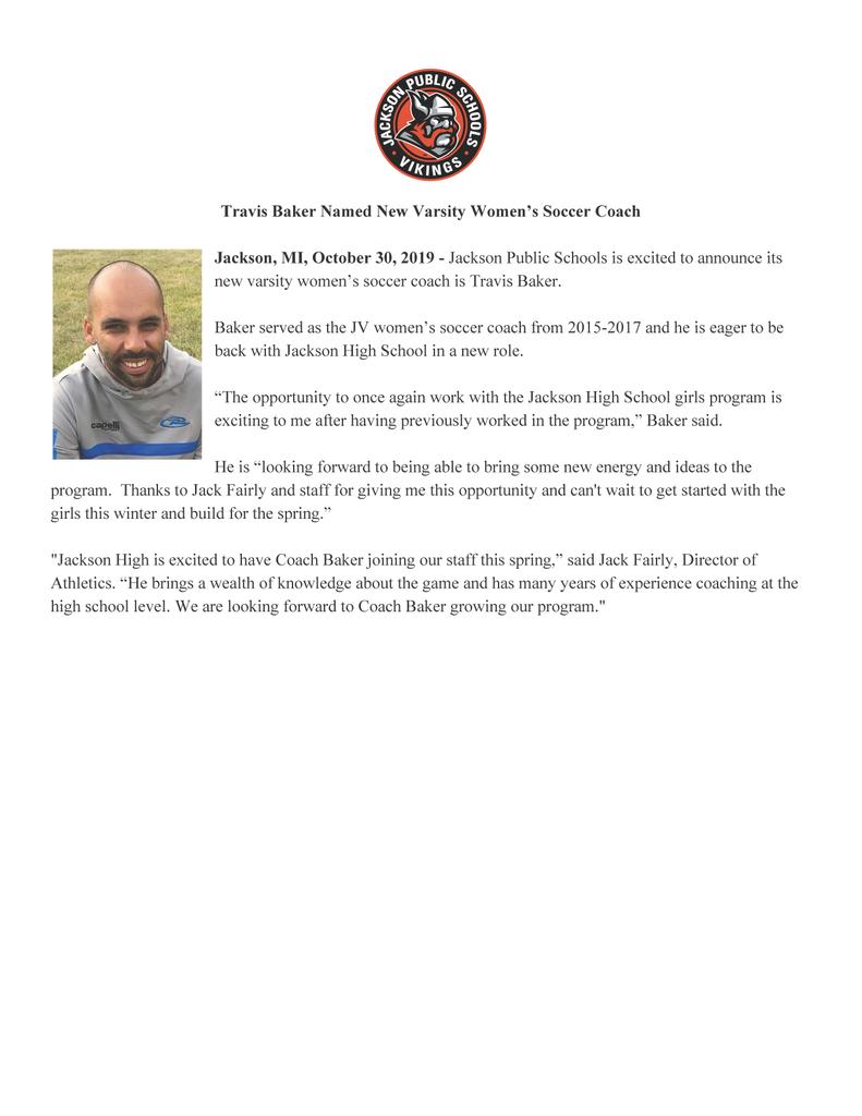 Welcome JHS Women's Varsity Soccer Coach - Travis Baker