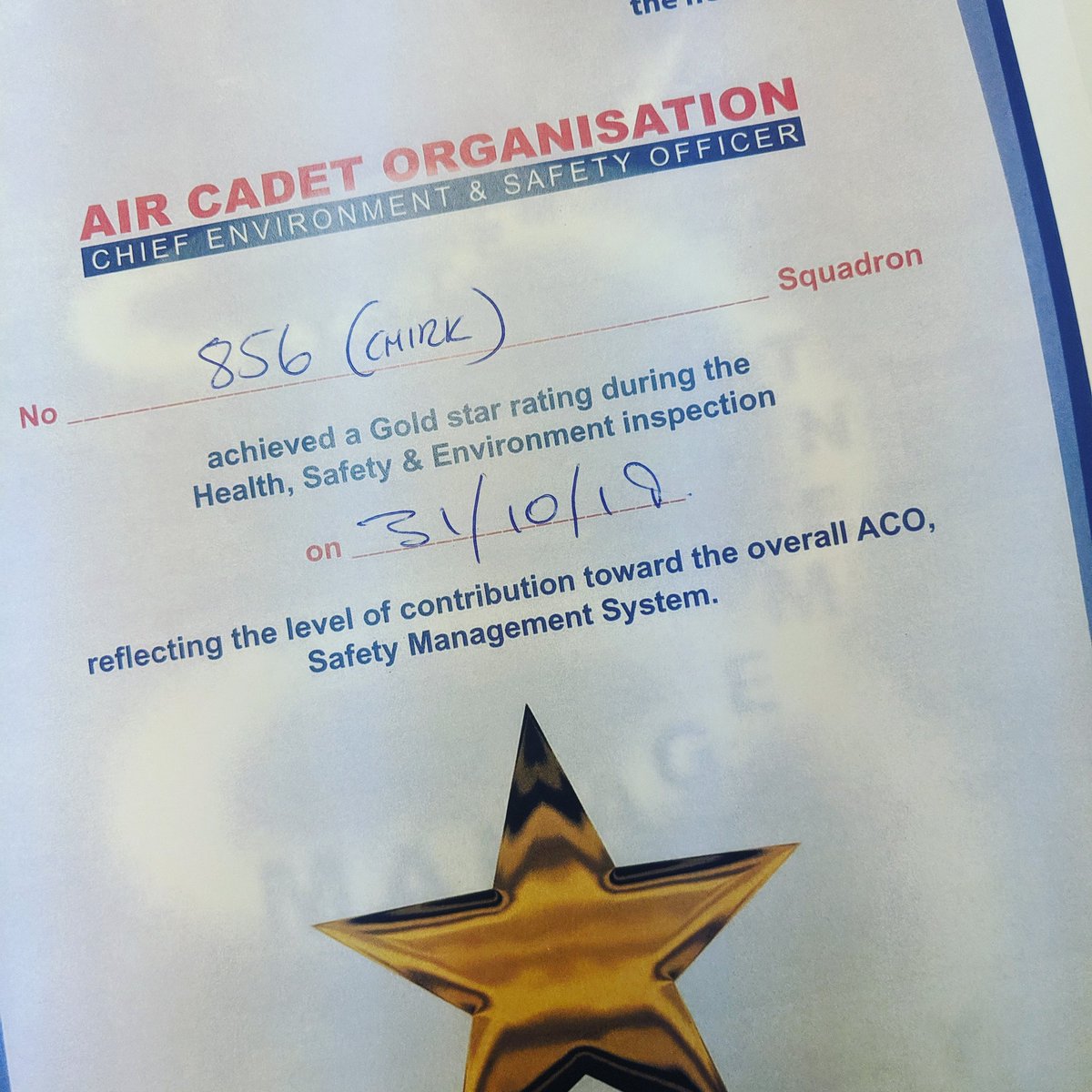 Going for Gold! 

Tonight the Squadron had a Health and Safety inspection by our Regional Health and Safety Adviser... Pleased to say we were awarded a GOLD STAR!

#aircadets #whatwedo #healthandsafety #goldstar