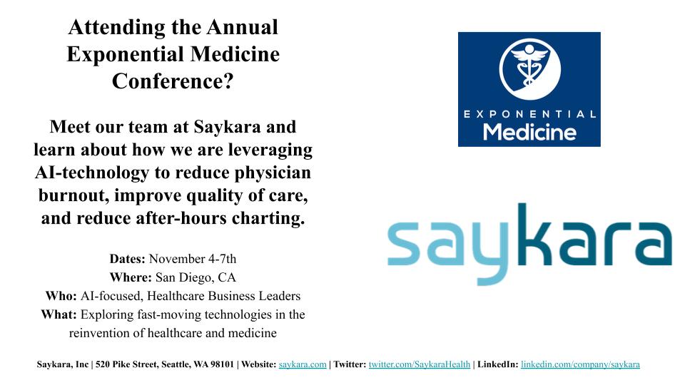 SaykaraAI's tweet photo. Come meet and speak with us at @ExponentialMed next week in #SanDiego! We look forward to connecting with other emerging leaders in the healthcare technology industry and share our approach to reducing #physicianburnout and #administrativeburden.
#saykara #ai #exponentialmed https://t.co/hrcQFxN6PF