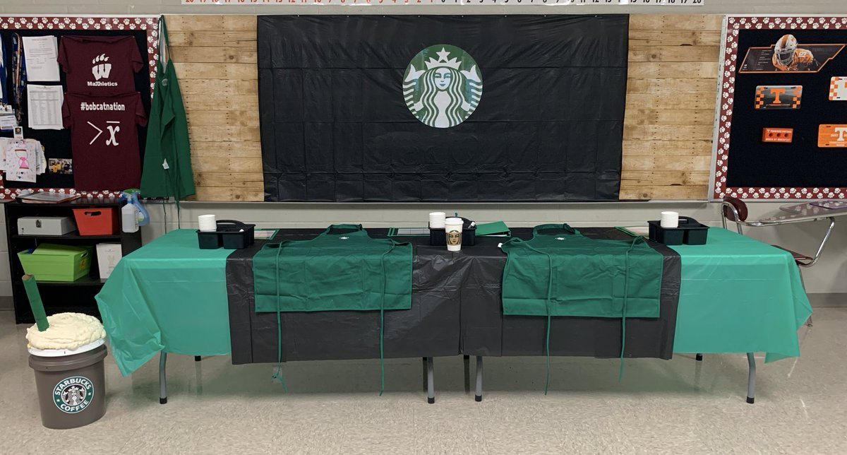 kingsterchris's tweet photo. Starbucks + Ratios for the WIN! So many uses of equivalent ratios &amp; tables for students to calculate the ACTUAL amount of ingredients for drinks. A HUGE shoutout to @Starbucks of Tullahoma for donating aprons and cups for our Ss to use! @WMS_BOBCATS @TCSPublic #iteachmath #mtbos https://t.co/E0fBrct3sx