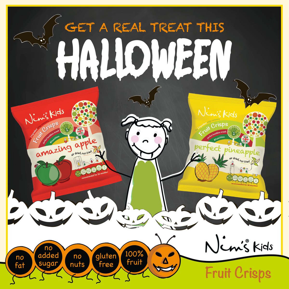 Nimskids's tweet photo. Happy Halloween 2019 from all of the crew to all of you! 

#airdried #fruit #fruitcrisps #fruitandveg #1ofyour5aday #snacks #vegetablecrisps #vegan #vegansnacks https://t.co/h38HbVz2Hx