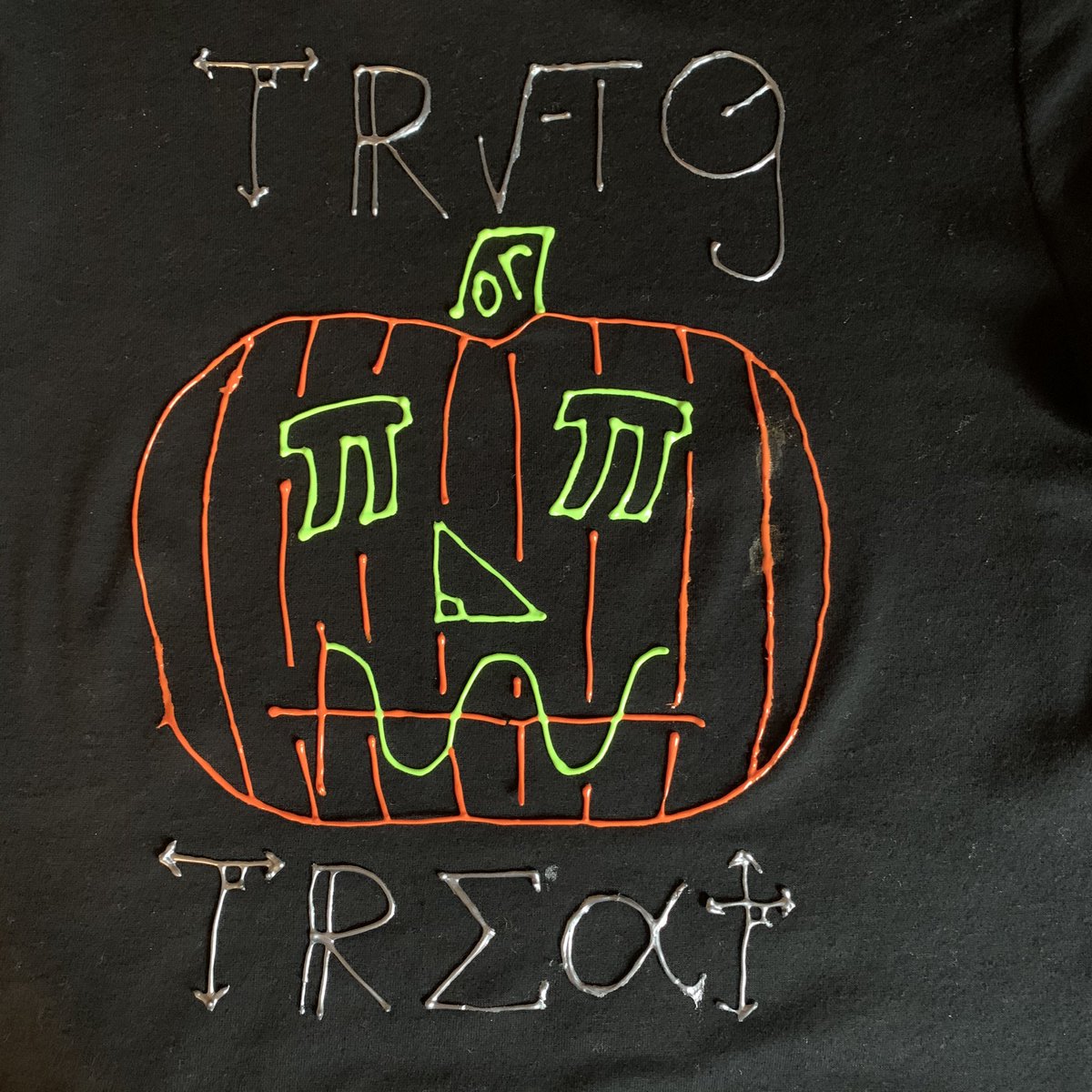 schambach96's tweet photo. My 6th grade mathy son went as “Pumpkin Pi” today and I recycled my Trig or Treat shirt. Fun day! #iteachmath https://t.co/oCFTK7zSGI