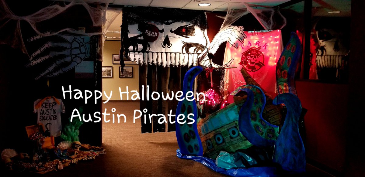 ParkUAustin's tweet photo. Park University Austin Pirates rocking our school spirit with #KeepAustinEducated for our Halloween door decorating contest!  #LEGENDARY Be safe out there &amp; Happy Halloween Park Pirates!  #halloween2019 https://t.co/pVjJLoS5Du