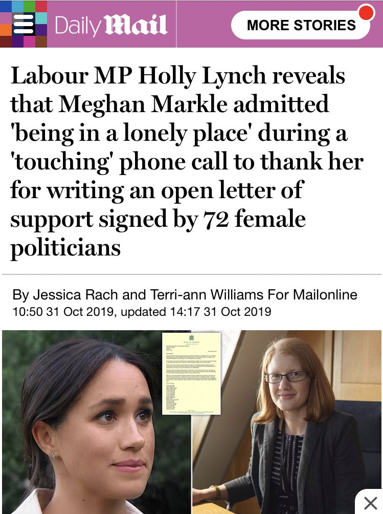 Holly Lynch (@hollylynch5) on Twitter photo .<a href="/DailyMailUK/">Mail+</a> The Duchess of Sussex did not say this, I have not said she said this, and this is exactly the sort of nonsense we are talking about. We’re not having it. Please change your headline. .<a href="/DailyMailUK/">Mail+</a> The Duchess of Sussex did not say this, I have not said she said this, and this is exactly the sort of nonsense we are talking about. We’re not having it. Please change your headline.