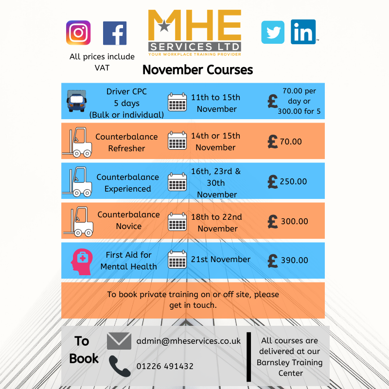 MHEServicesltd's tweet photo. Are you wanting to develop yourself or your staff? 

Check out our upcoming courses for November.
#training #forklifts #firstaid #mentalhealth #ebacircle https://t.co/ddseqdTsWN