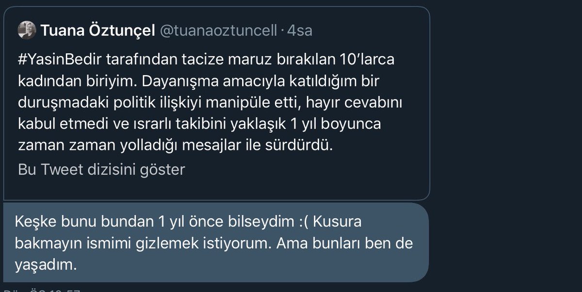 tuanaoztuncell's tweet photo. Adalet mekanizmasını işletme yükünün yine tacize maruz bırakılanlara bırakıldığı bu atmosferde hiçbir kadının açık kimliği ile #YasinBedir ‘i ifşa etmek zorunda olmadığını söylemek istiyorum her şeyden önce. Bu dayanışmanın kendisi o kadar değerli ki. Kadınlar susmayacaklar💜 https://t.co/ParOANhlkf
