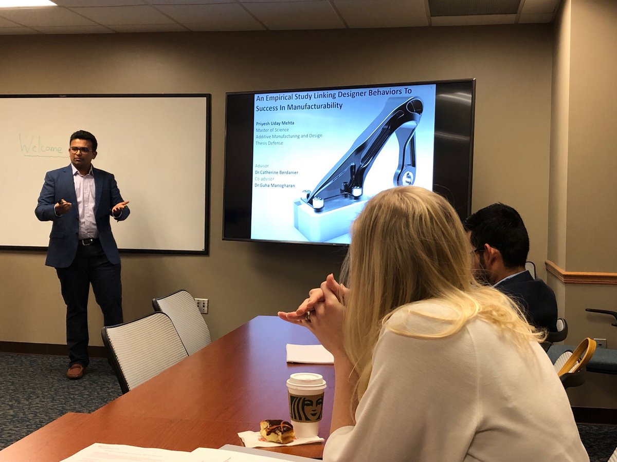 PSUMakerProf's tweet photo. Meanwhile, last week we had our first resident @penn_state #AdditiveManufacturing & #design grad student present his MS thesis - congrats Priyesh Mehta (Advisor @CatBerdanier) #PSUAMD https://t.co/IWNoRBtBo2