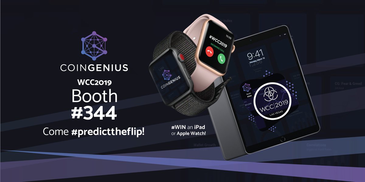 CoinGenius_AI's tweet photo. #predicttheflip at booth #344 today at #WCC2019 and predict the price of your favorite #Cryptocurrency for your chance to win an Apple Watch, an IPad or a year subscription to CoinGenius! 

@CG_Insights 
 #bitcoin #crypto #eth #eos #stellar https://t.co/TMxyGSjQyv