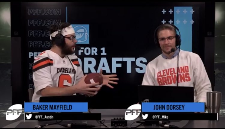 PFF_Podcasts's tweet photo. John Dorsey and Baker Mayfield were kind enough to stop by for today’s episode of 2 for 1 Drafts, ft. an interview with @DraftNetworkLLC’s @TampaBayTre 

Check it out here: https://t.co/IHeHWYp6u0 https://t.co/UxnOkYbpFI