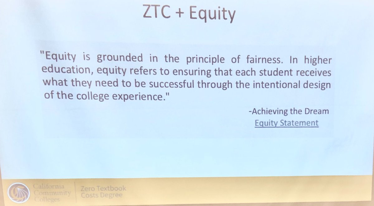 DrKurtSterling's tweet photo. Zero Textbook Cost courses and programs, and equity go hand in hand.  Very excited to see the positive impact ZTC is having on student success and inclusion. Well done @OER_Librarian, @amanda_taintor, @cccoer, and everyone else involved!  #OER, #ZTC, #OpenEd19 #equity https://t.co/5XKP0i7aHE