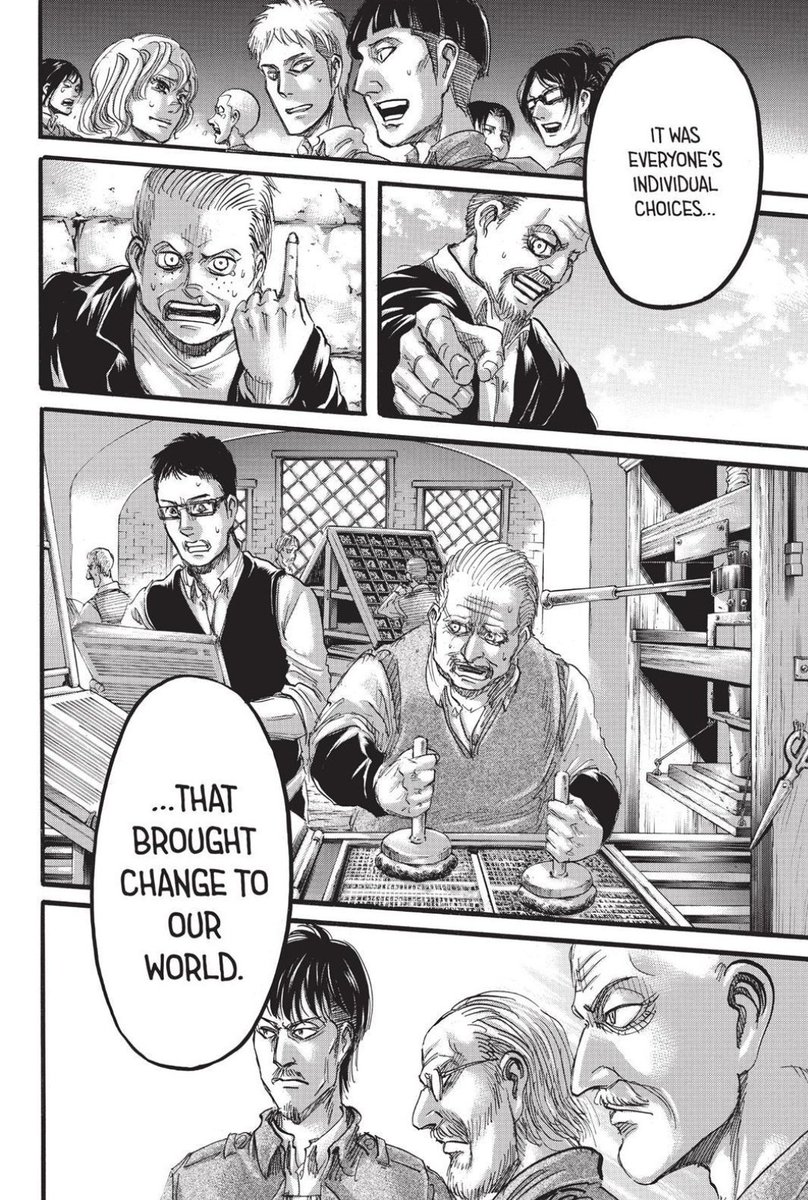 And this is it right here: THIS is the page that perfectly encompasses everything great about this first half of the arc.Everyone worked from all angles: the press, the military, the people: and in the end, all of this amazing character work that Isayama planted...