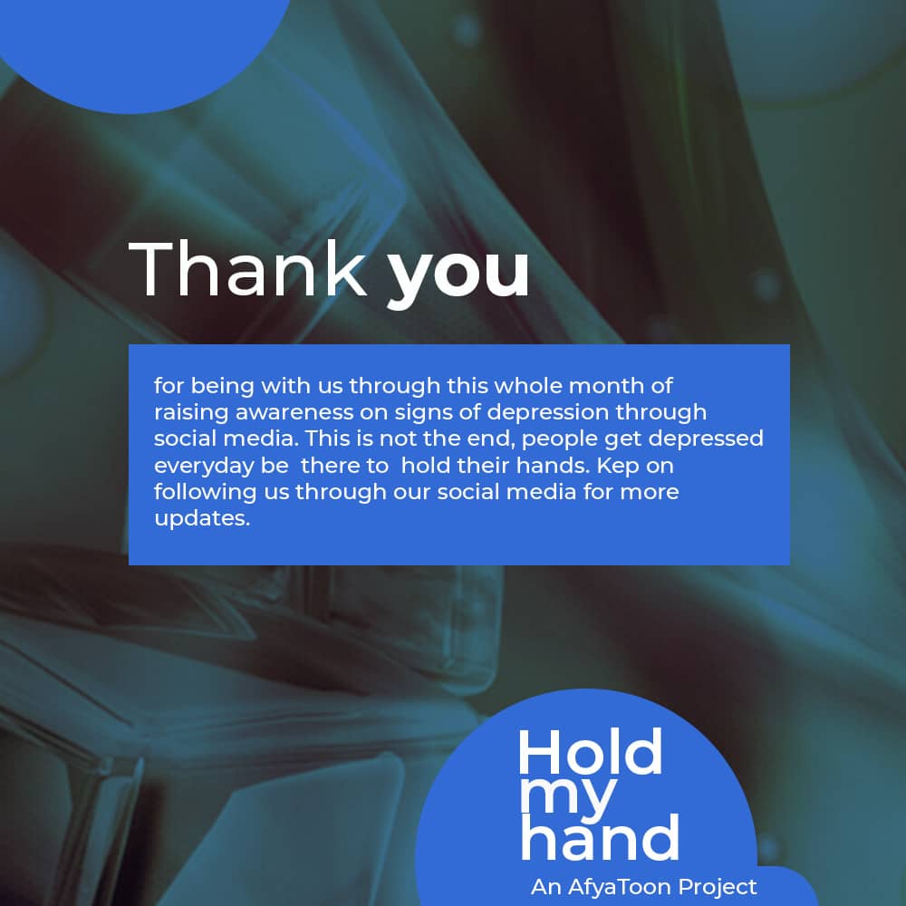 AfyaToon's tweet photo. Thank you for being with us the Entire October for our online project HoldMy Hand.🙏🏽🙏🏽
#DepressionIsReal #MentalHealthMatters #MentalHealthAwareness
@YUNA_Tz @_adamscz @Kudu_ze_Kudu @jackline_ngowi @clementinoexau1 @EdwinLuguku @geophsegeza https://t.co/yBBxp14ezw