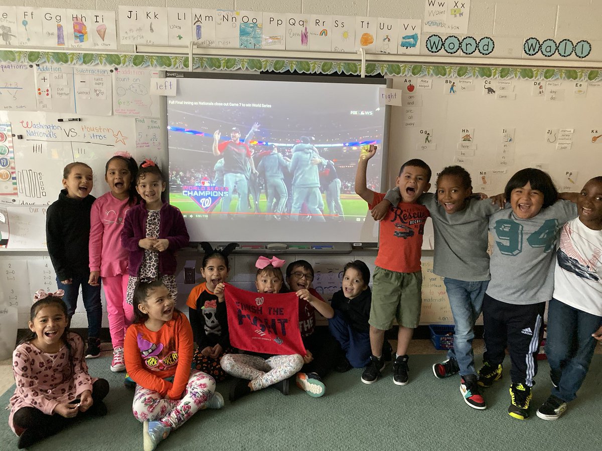 mshubbell1stg's tweet photo. These proud first graders have been following the Nats through the playoffs and the World Series! They were besides themselves when I told them that the @Nationals are World Series champions!!!! @hybla1st @HyblaValleyES @larry_caines #FINISHEDTHEFIGHT https://t.co/QZEcDwJIrZ