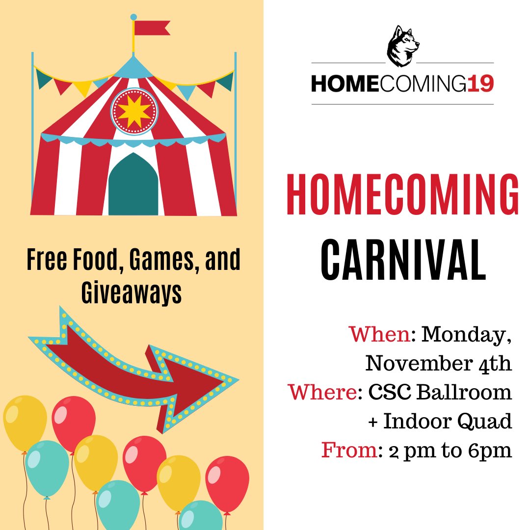 🎪🤹🏼‍♀️🎟 Come by the Indoor Quad and the Ballroom on Monday for the #homcomingnu CARNIVAL to stuff-a-husky, play games, and get personalized decorations!!!#nuexperience 🎟🤹🏼‍♀️🎪