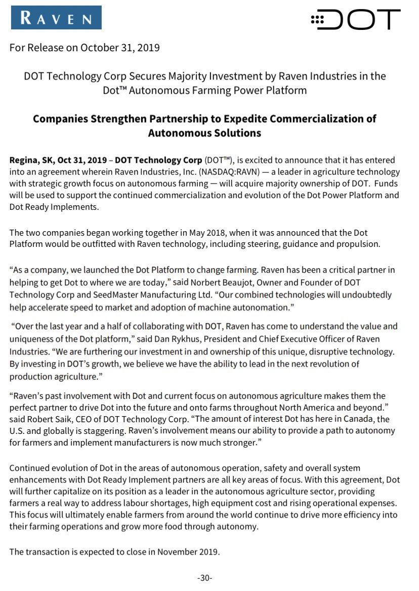 <a href="/NorbertBeaujot/">Norbert</a> Founder of Dot and Dan Rykhus, CEO of <a href="/RavenIndustries/">Raven Industries</a> celebrate the majority investment by Raven @SeeDotRun