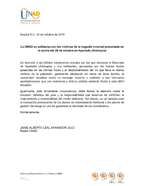 UniversidadUNAD's tweet photo. #ComunicadoOficial La UNAD se solidariza con las víctimas de la tragedia invernal presentada en la noche del 28 de octubre en Apartadó - Antioquia.
👉🏻 https://t.co/L6D9HRFkBs
#RectorUNAD https://t.co/Pl1tDs5U1i