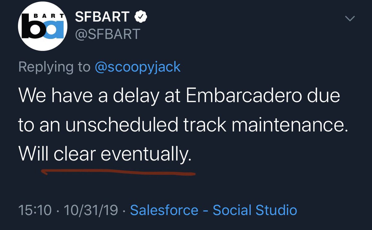 rikwalters's tweet photo. What kind of a reply is this? “Will clear eventually”? Eventually today???
#BART is like #PGE ... broken! Rates go up and the service goes down!!
#sanfrancisco #powellstreet #montgomery #embarcadero #BARTdelay https://t.co/KjPDmIMQeR