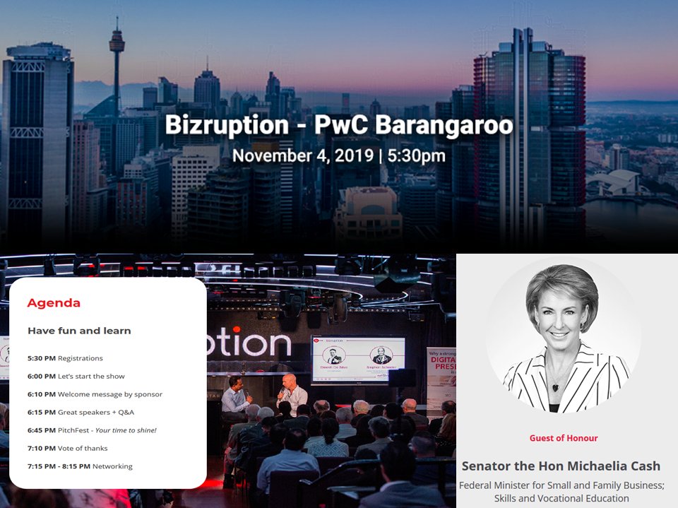 LanceScoular's tweet photo. Bizruption #free #networking #event 4 #entrepreneurs & #smallbusinessowners 5:30-8pm Mon4Nov2019
@PwC_AU
Barangaroo NSW
GOH/@SenatorCash of @EmploymentGovAU w/@Dineshdesilva of @netStripes
v/ @LanceScoular
#innovation #bizruption #netstripes
REGISTER https://t.co/jyVtABP7zV https://t.co/QWriXhwG1t