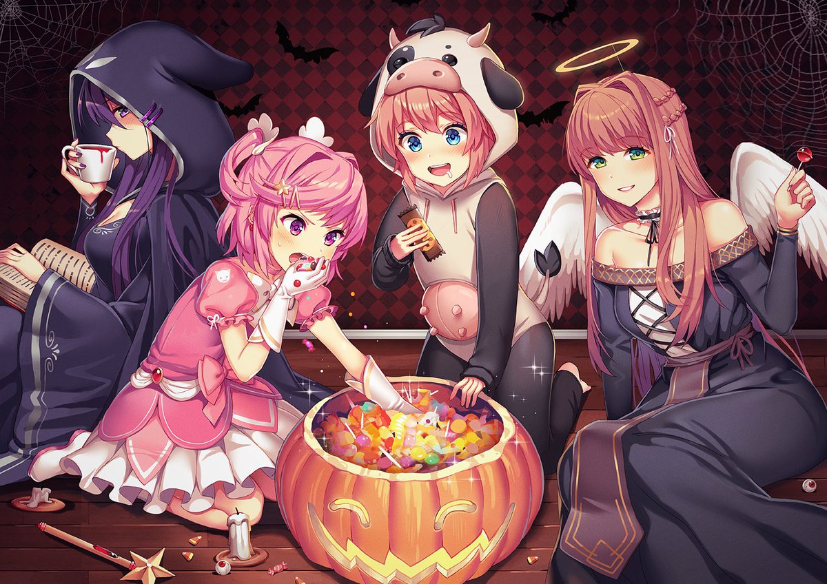 come over and eat all this candy with us...the sugar is gonna keep us up the whole night!!! 🎃🍬🍫🍭 Yuri is being social too, she just wanted to look cool for the picture 😂 don't tell her i said that.....everyone else is too pumped to care!! have a fun halloween with us!!