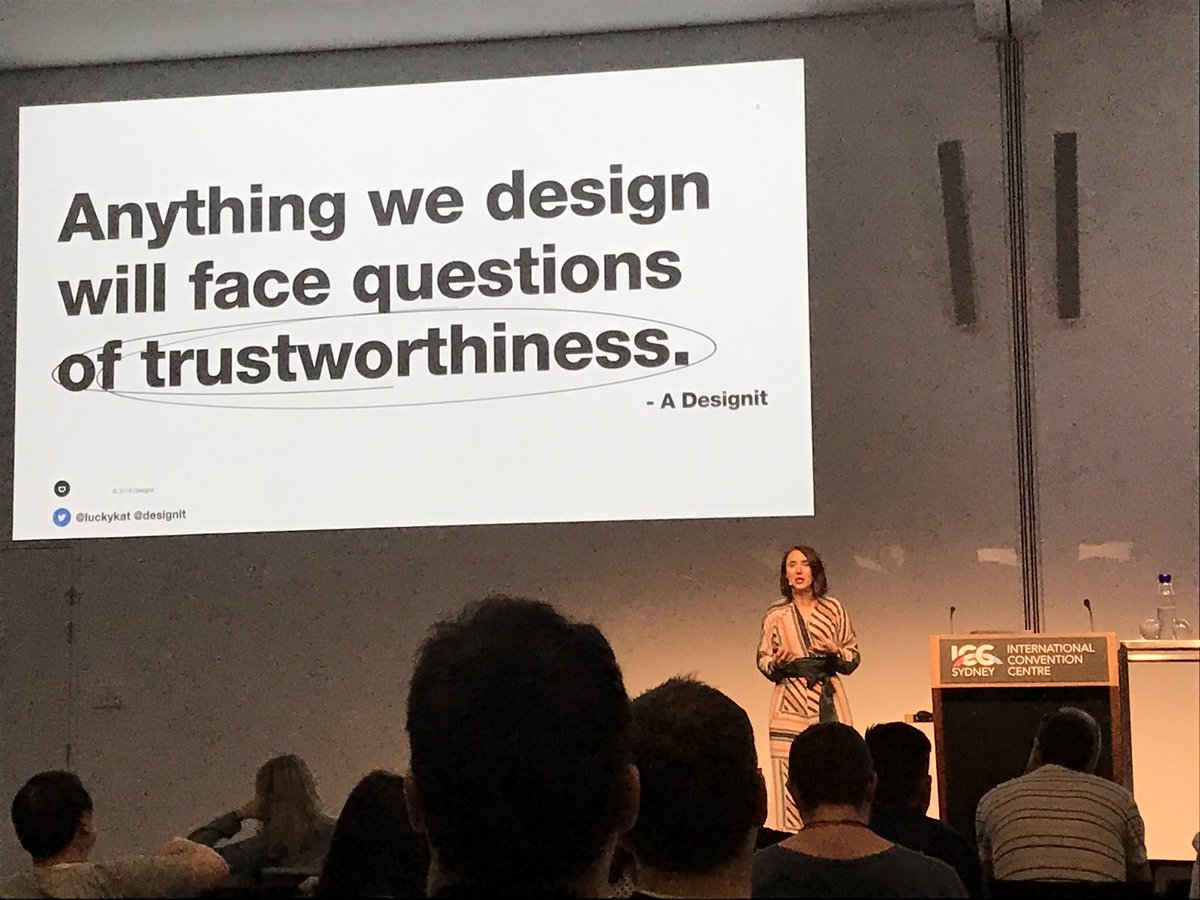 Shannansss's tweet photo. Katja Forbes reminds us to design with ethics. “Design for trustworthiness.” We should not trick people into trust if the product doesn’t deliver. @luckykat #wds19 Web Directions Summit 2019 https://t.co/p7WjSQLOgS
