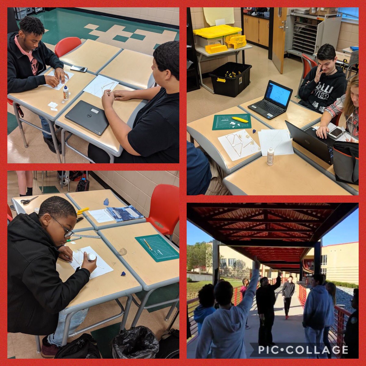 CentralRedDevil's tweet photo. Trusses have been the topic lately in engineering. Students calculated truss forces, spotted trusses in use around Central and predicted breaking points, built balsa wood trusses and load tested them to failure. They will be applying all of this to a balsa wood bridge soon.🤘 https://t.co/00cTEebabt
