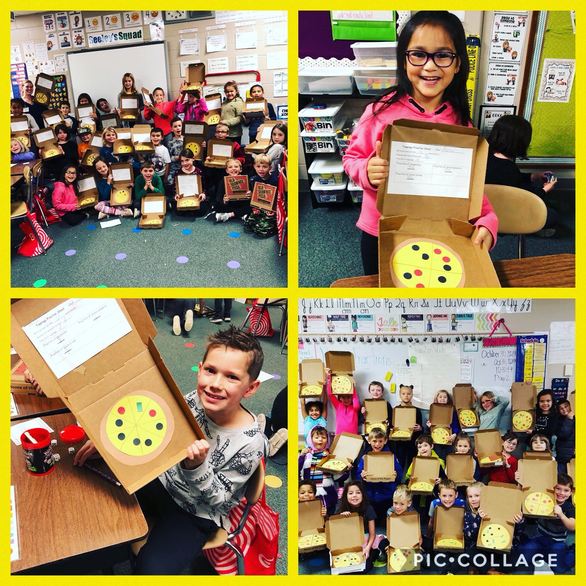AndersonGrove's tweet image. It’s pizza time in 2nd grade. Students learn about fractions making their very own pizzas. Thank you to Old Chicago for donating the pizza boxes.