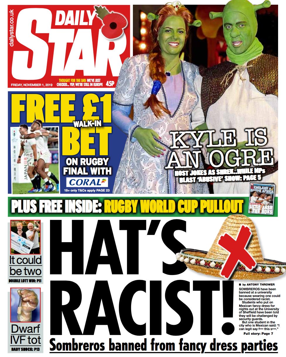 Daily Star Here Is Tomorrow S Daily Star Frontpage Racist Mexican Sombreros Banned From Fancy Dress Parties Jeremykyle Jokes About Being Jobless At Celeb Halloween Bash Couple Win Jackpot