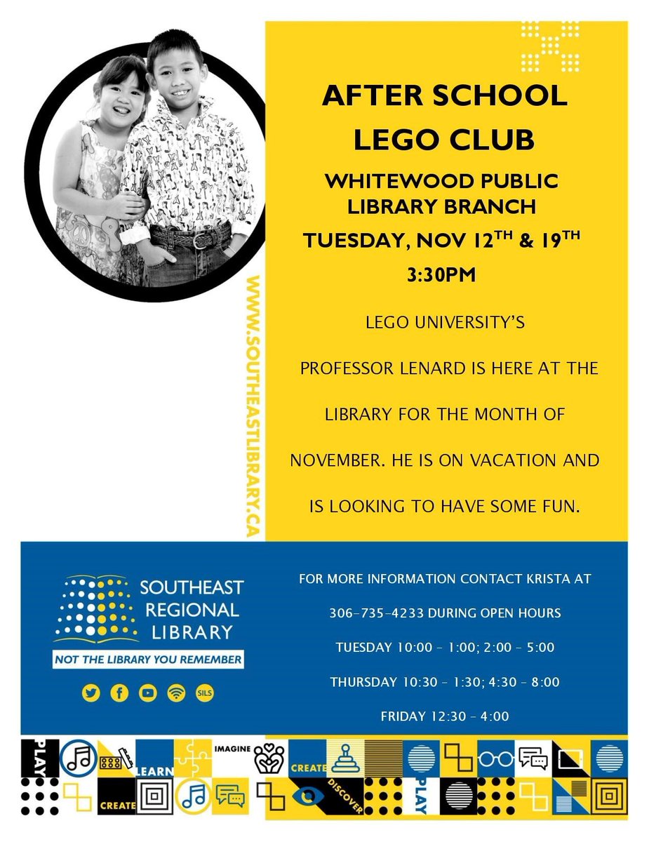WhitewoodLib's tweet photo. Here is what is happening at the Library in November. Please remember some programs require registration to hold your spot as space is limited. https://t.co/VOd0VlyacF