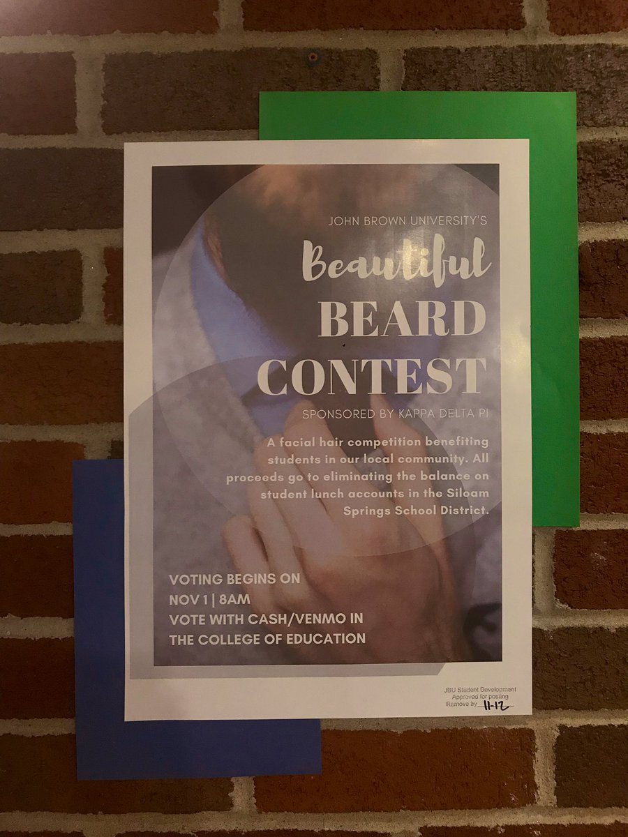 eduwithbayles's tweet photo. Here at JBU, we’re just now kicking off our @kappadeltapi fall fundraiser, JBU’s Beautiful Beard Contest! Vote throughout the month of November for the best beard. All proceeds collected will go towards paying off student lunch debt in our local schools! #jbuedchat https://t.co/S4nuLKq3t3