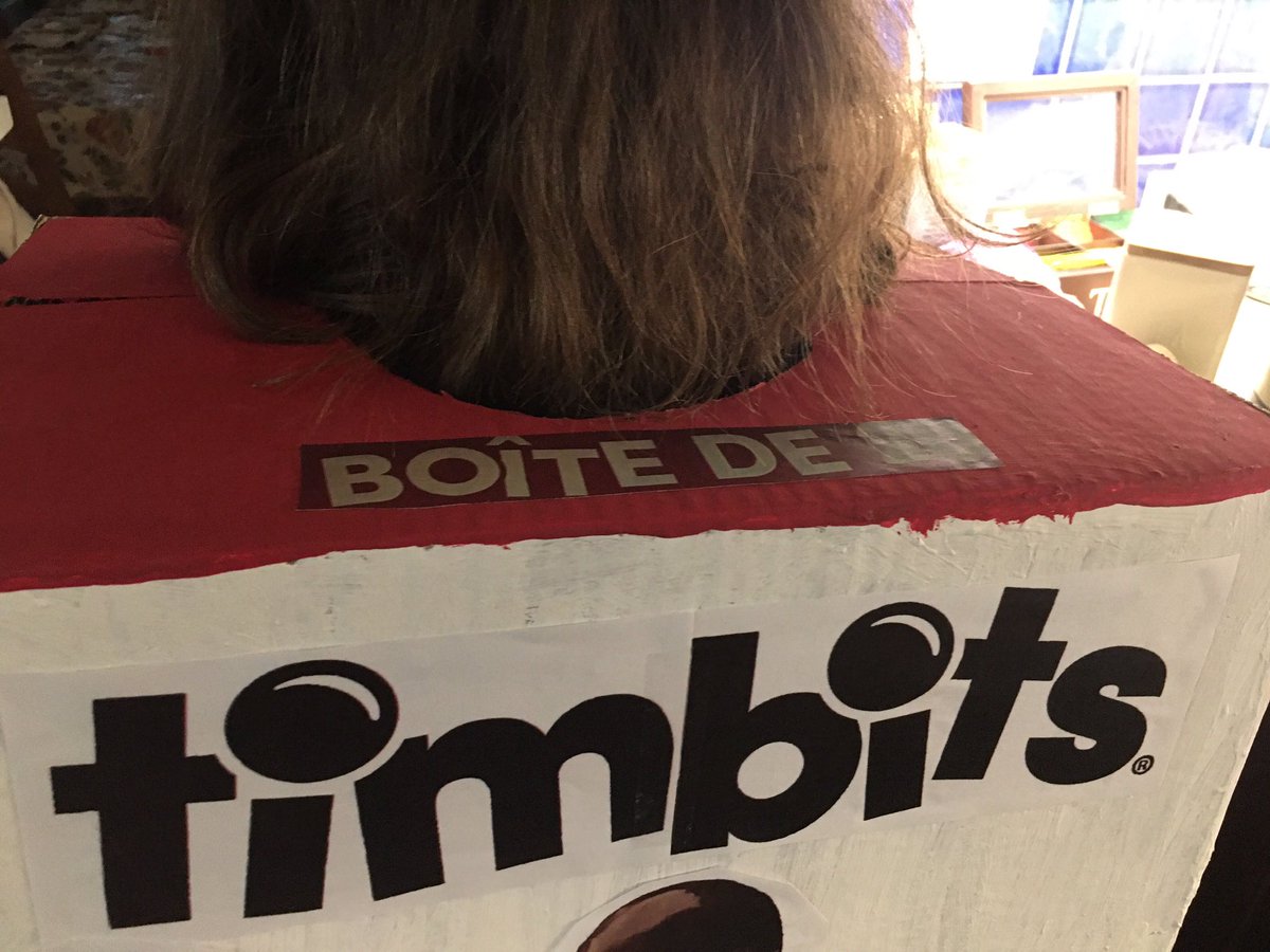 skojder's tweet photo. I helped Marion make her Halloween costume (her idea) this year 🇨🇦. I think there will be some head-scratching here in SF. [Real Timbits box added for reference] https://t.co/edzpJLeYWn