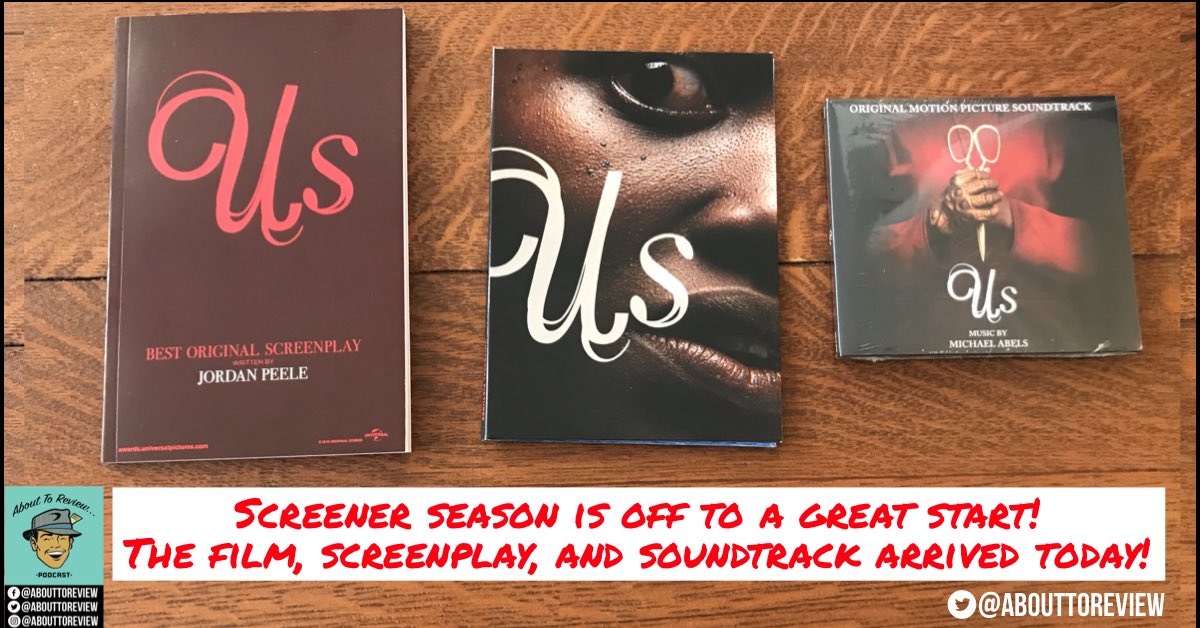 abouttoreview's tweet photo. Screener season is off to a great start! The film, screenplay, and soundtrack for @UsMovie arrived today!
#FilmCritic #ATRPodcast #Abouttoreview #SFCS #US #JordanPeele #lupitanyongo
New episodes of the podcast are out every Wednesday! https://t.co/NA5utBFoOq https://t.co/PwoITjPkLX