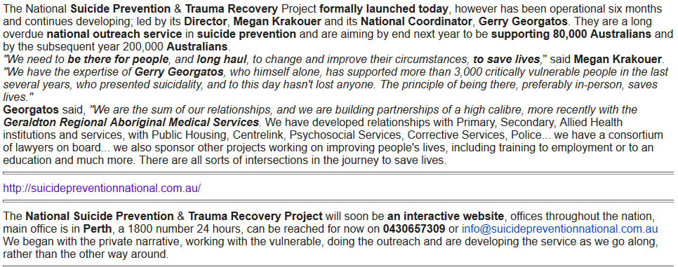 WgarNews's tweet photo. @LadyPoop2 @BlakandBlack @lynlinking @WhteRbbnAdvocat @janettj777 @SuicidePrevAU @Triplejay58 @RobRobbEdwards @Michz45 @3wombats The #NationalSuicidePreventionTraumaRecoveryProject willSoonBe #anInteractiveWebsite https://t.co/pYubVlpRLc offices #throughoutAustralia, MainOffice is #inPerth, a1800number 24hours - #NSPTRP partners with #GeraldtonRegionalAboriginalMedicalServices - #SuicidePreventionNational https://t.co/rekTdUWoCR