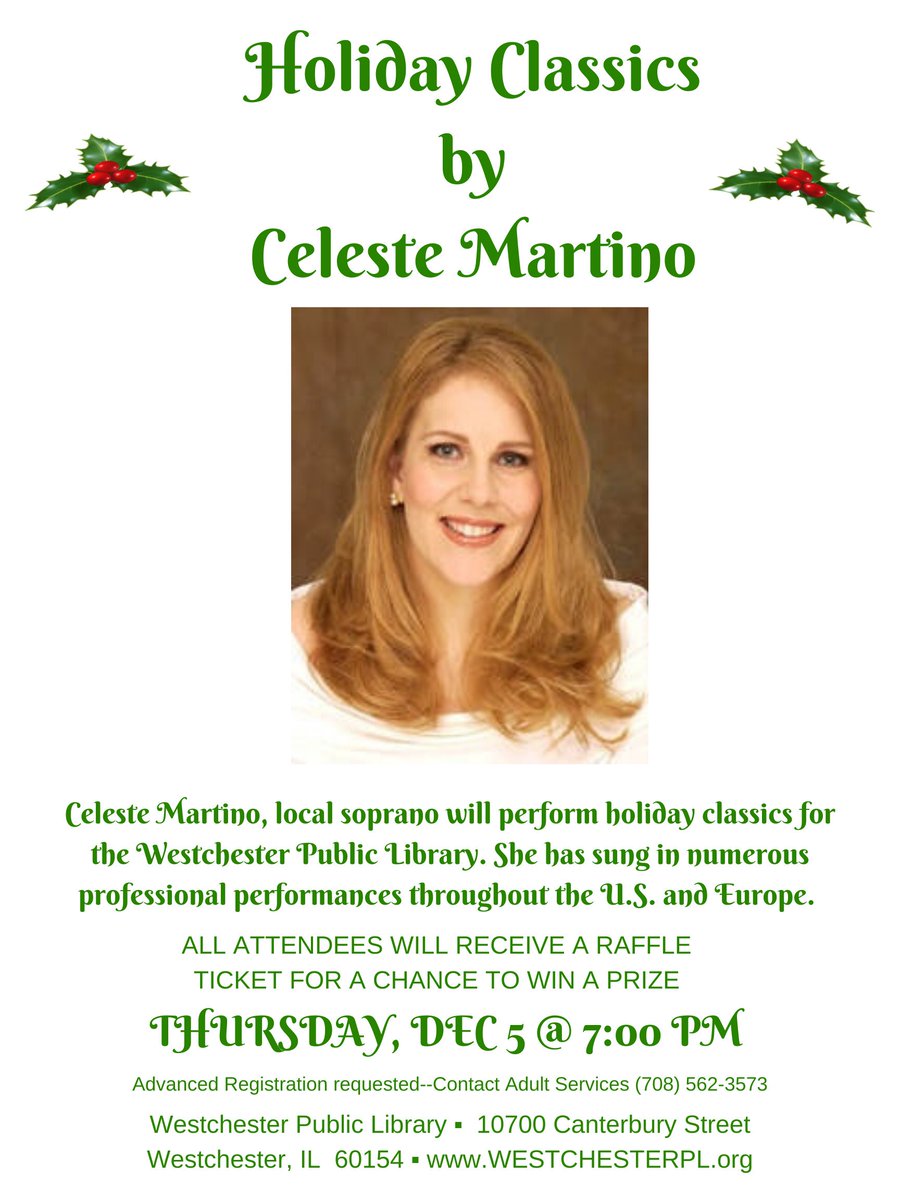 Come in out of the cold and listen as Celeste Martino sings Holiday Classics at the Library