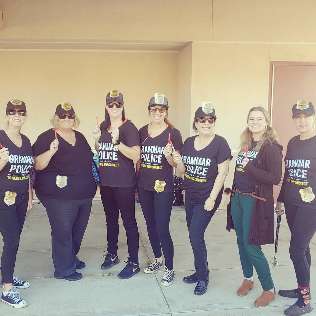 KMorganTeacher's tweet photo. PCE'S Finest. Meet the 4/5th grade grammar police. Plus a PCE &amp; LV crossover with our former teaching colleague/PCE parent/LV Principal @LaurenMStein https://t.co/KbfSicDfjp