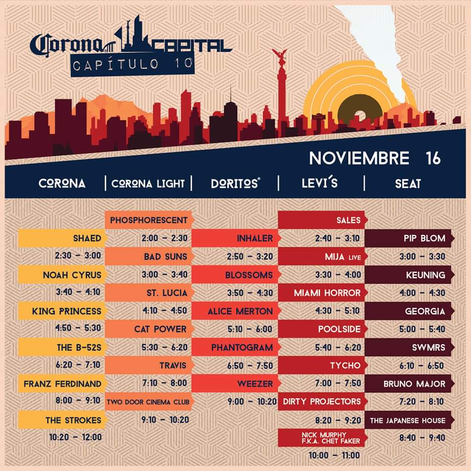 RevistaLikeMx's tweet photo. ¡El capítulo #10 del #CoronaCapital está a la vuelta! ¿Ya tienen sus boletos? 
Les dejamos las fechas y los horarios de las bandas. 

Noviembre de Billie Eilish, Keane, The Strokes; 16 y 17 de Noviembre #Ocesa #CoronaCapital19 https://t.co/nt3zMmMqWa